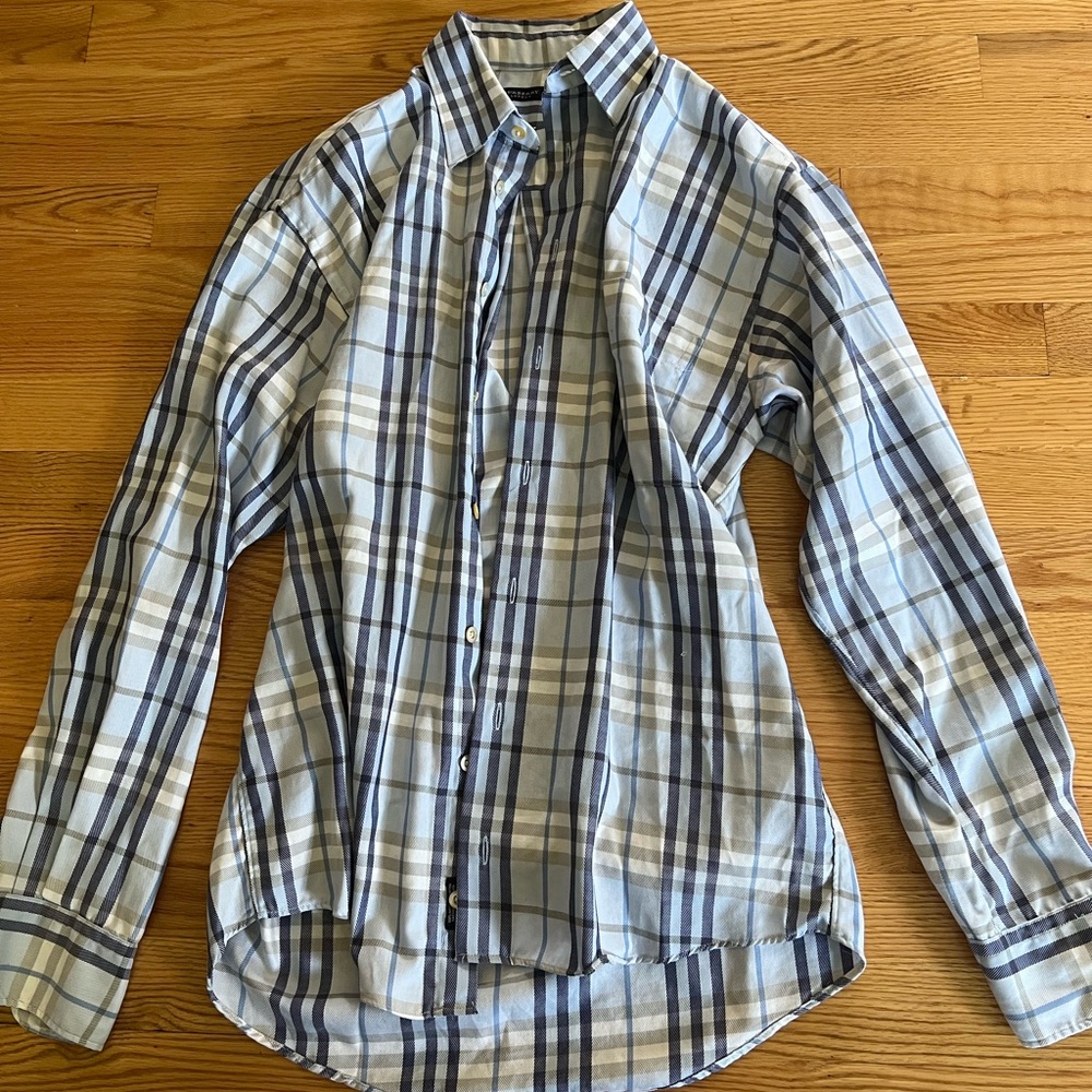 Burberry Light Blue and Navy Plaid Button-Down Shirt